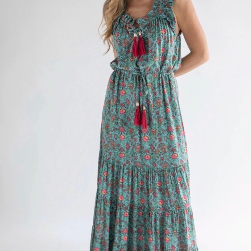 NATURAL LIFE Turquoise Floral Maxi Dress with Pink Floral Print and Pink Tassels